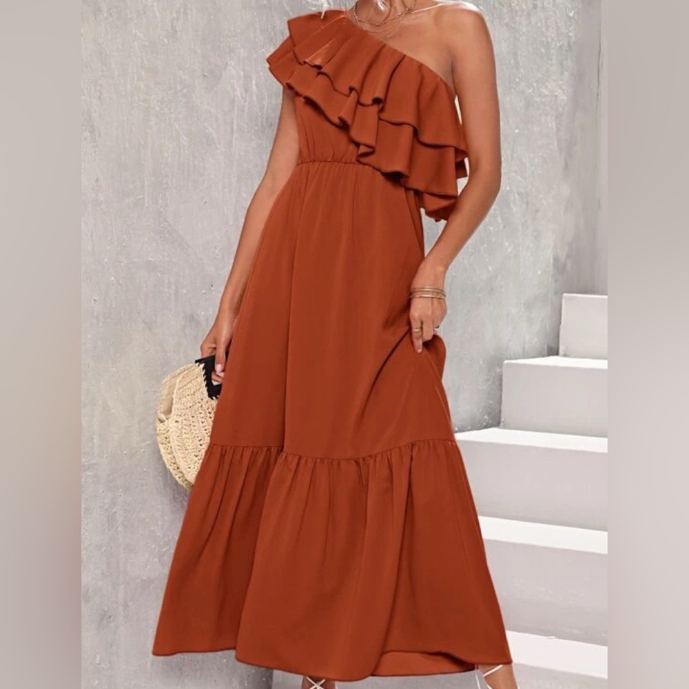 One Shoulder Ruffle Trim Dress